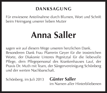 Traueranzeige von Anna Saller von Pegnitz-Zeitung